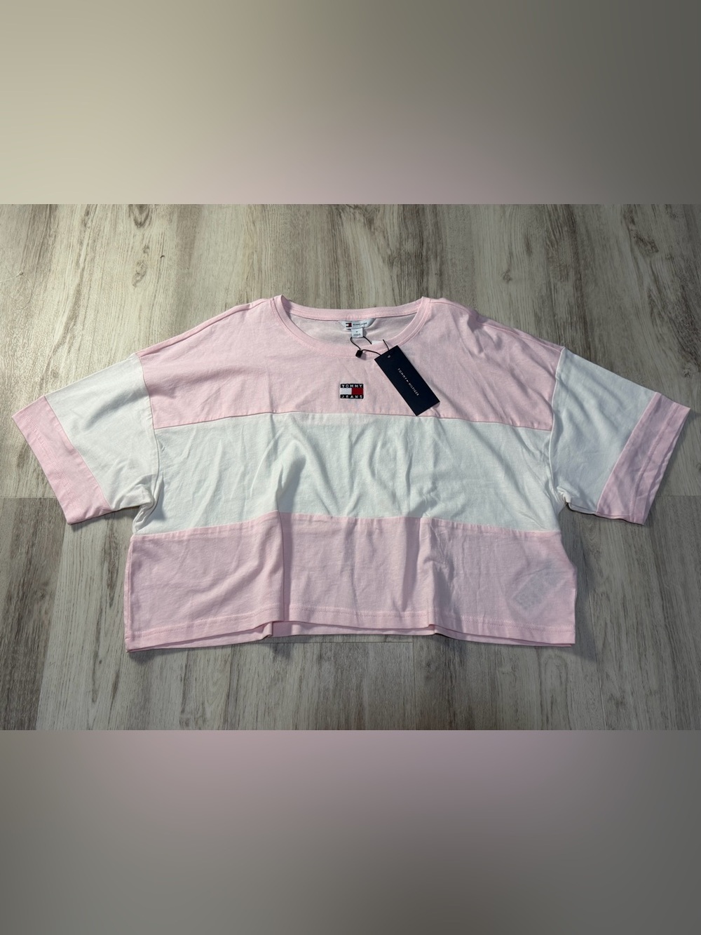 Tommy Hilfiger Pink and White Cropped Stripe Tee
